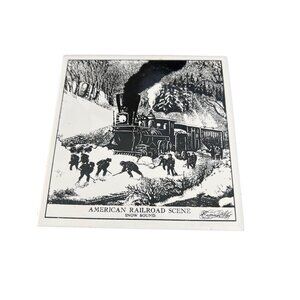 Vintage Currier Ives American Railroad Snow Bound Tile Trivet Cork Back 6" x 6"